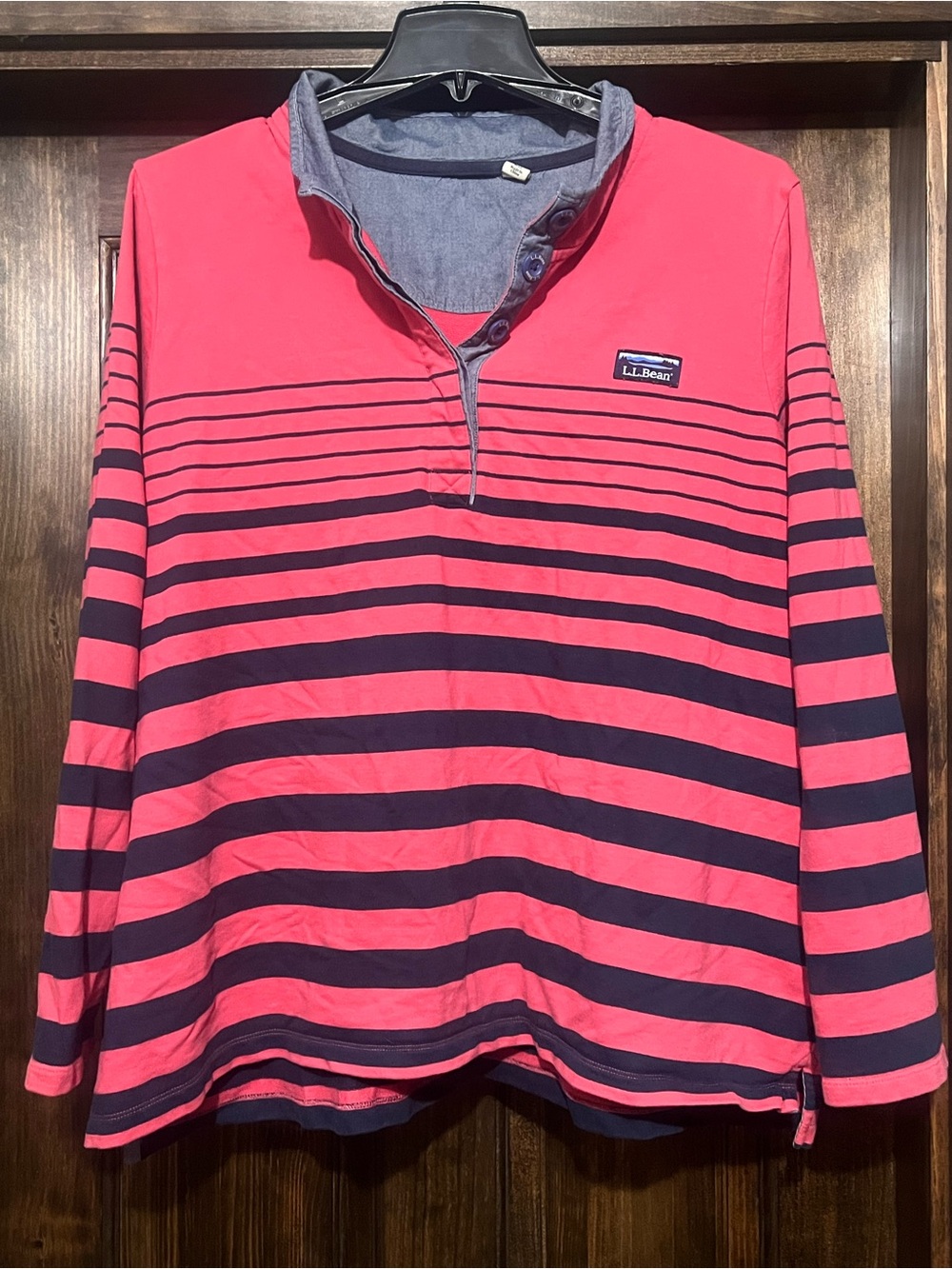 L.L. Bean Pink and Navy Striped Long-Sleeve Pullover Henley
